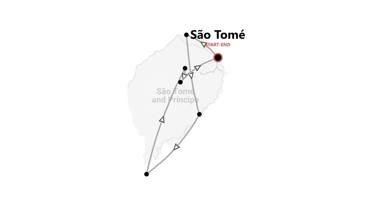Una mappa dell'itinerario di viaggio per São Tomé e Príncipe, che mostra un percorso sull'isola di São Tomé che inizia e finisce vicino alla capitale.