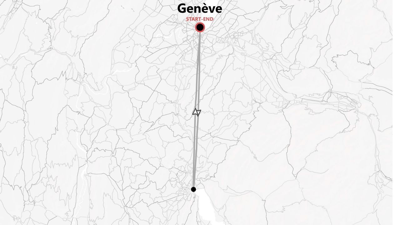 Une carte stylisée présentant un itinéraire de voyage commençant et se terminant à Genève, avec une épingle rouge sur un plan de ville quadrillé gris.