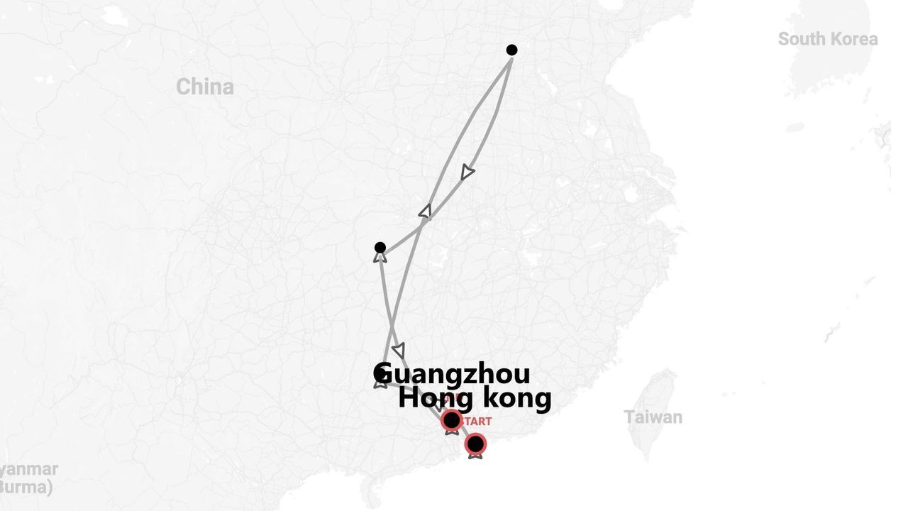 Un mapa que muestra una ruta de viaje por China, comenzando en Hong Kong y Guangzhou y dirigiéndose al norte con varias paradas.