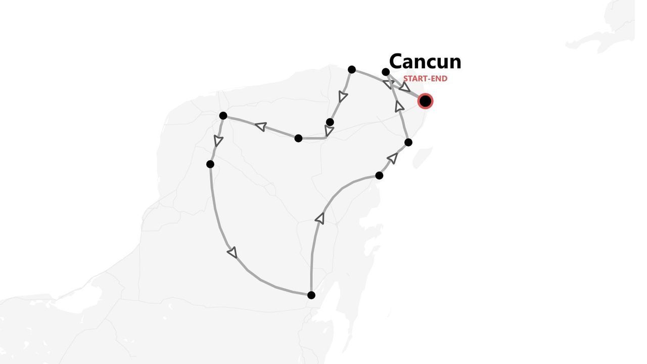 A map showing a circular tour itinerary on a peninsula, with arrows indicating the route direction and Cancun marked as the start and end point.