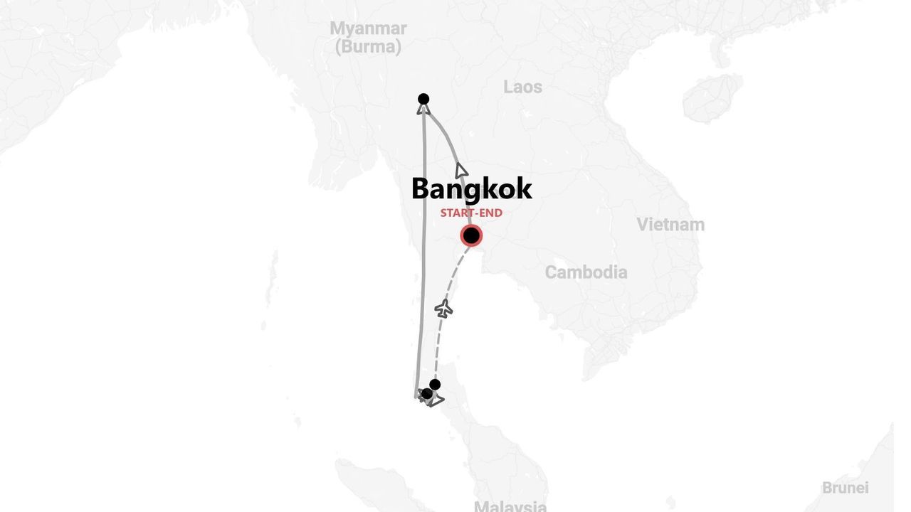 A map showing a travel route through Thailand, with Bangkok marked as the start and end point of the itinerary.