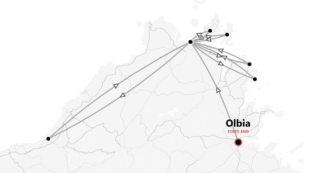 A black and white map illustrating a travel itinerary with multiple stops, starting and ending in Olbia.