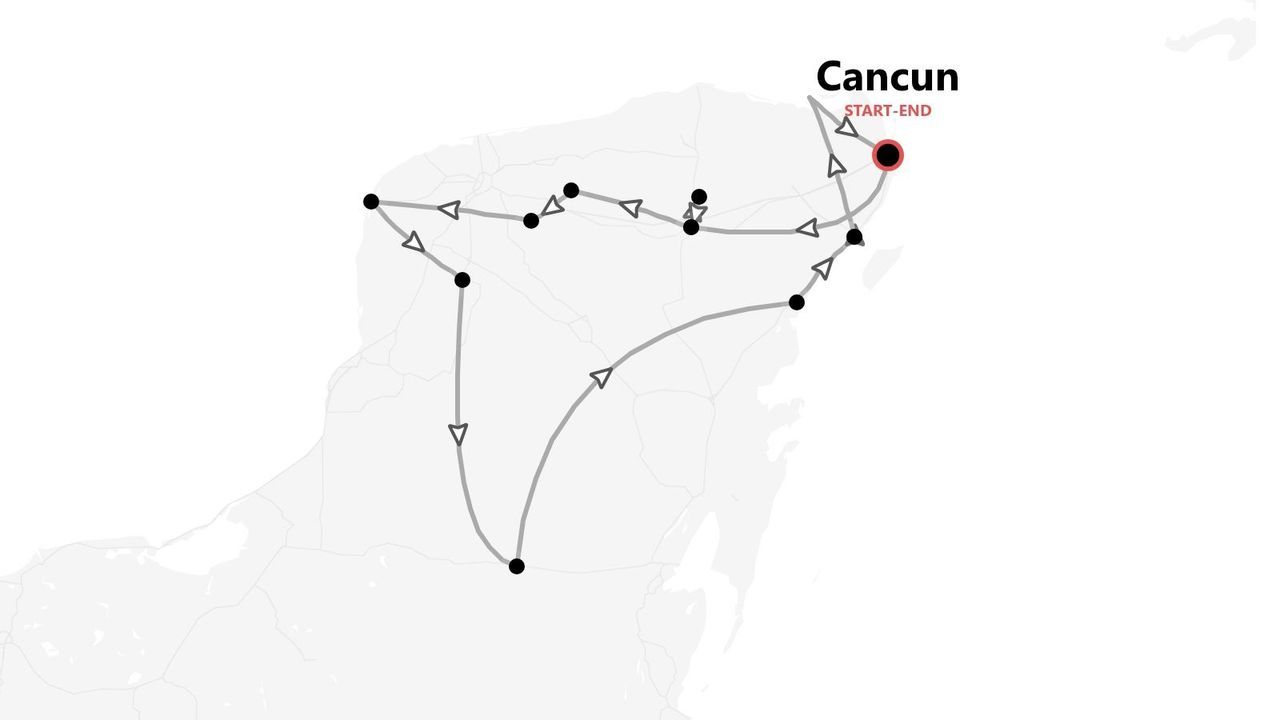 Un mapa de un itinerario de viaje con varias paradas, que comienza y termina en Cancún.