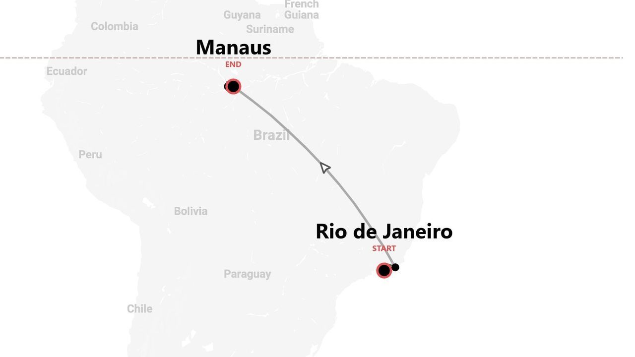 A map of Brazil showing a travel route from the start point in Rio de Janeiro to the end point in Manaus.