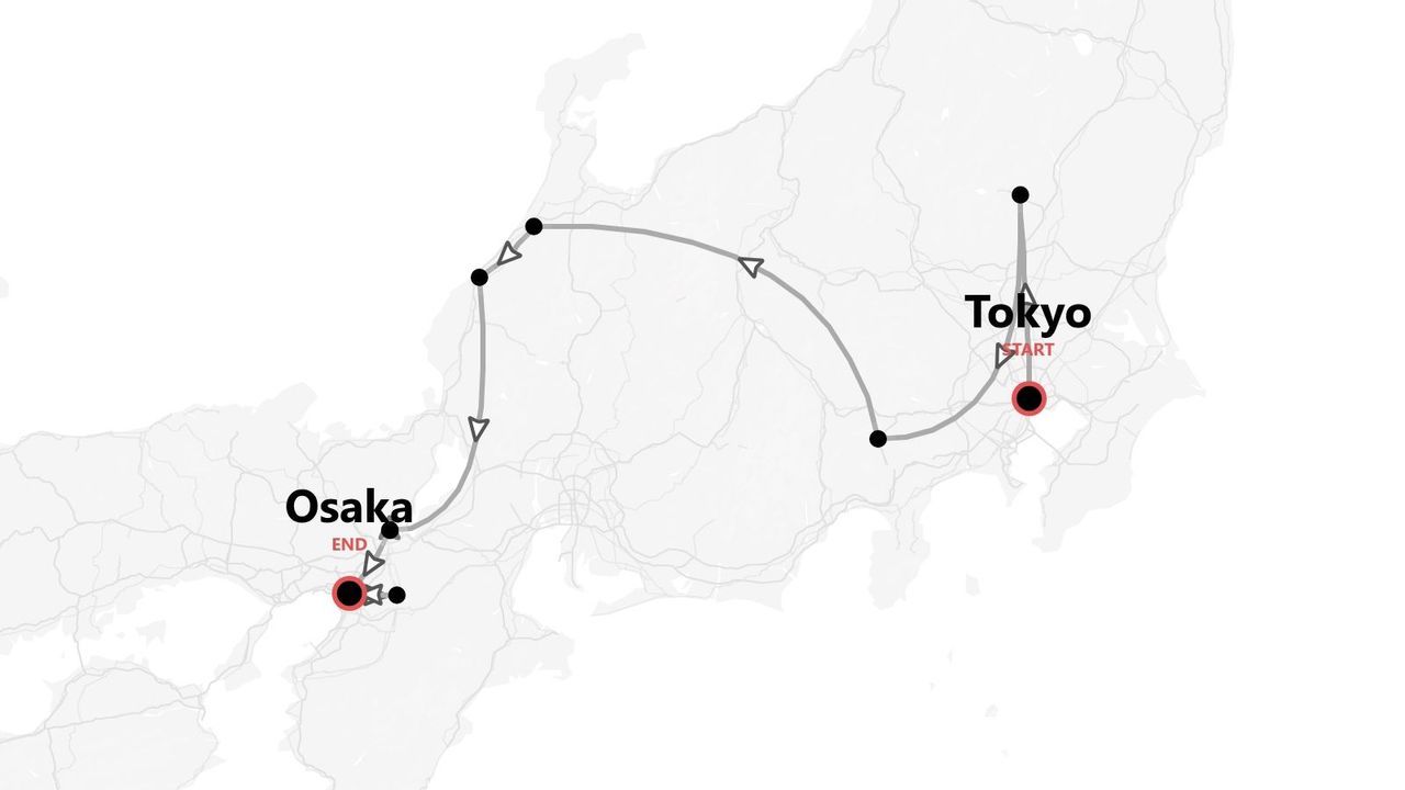 Un mapa estilizado de Japón con un itinerario de viaje que comienza en Tokio y termina en Osaka.