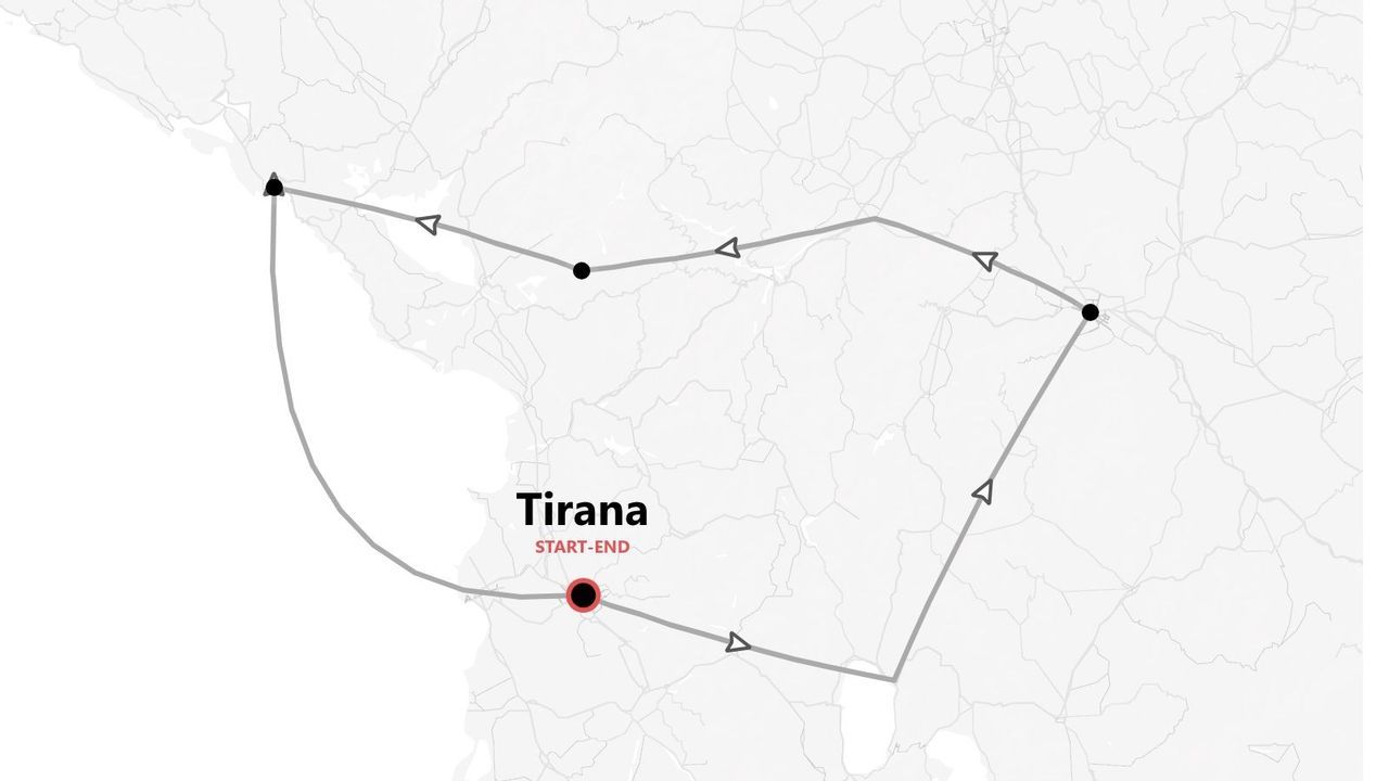 A stylized map showing a tour itinerary that starts and ends in Tirana.