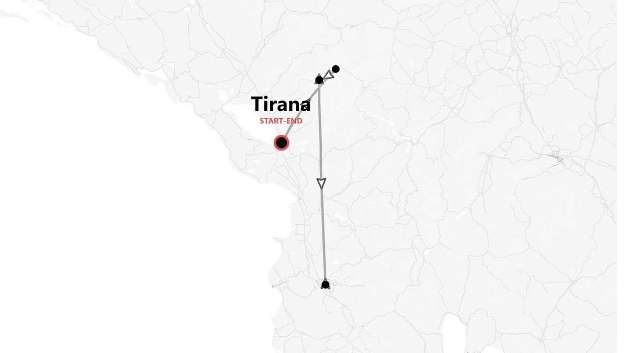 A map illustrating a travel itinerary with a route that starts and ends in Tirana.