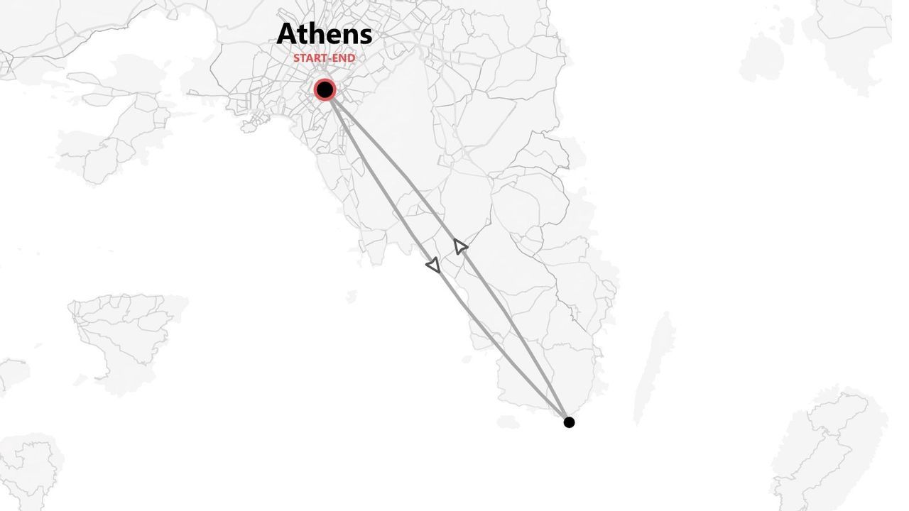A stylized map of Greece showing a round-trip travel route starting and ending in Athens.