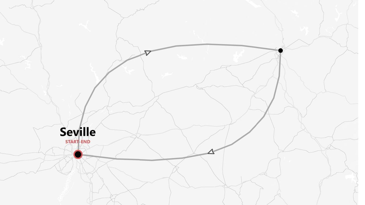 A map showing a travel itinerary in a loop, starting and ending in Seville, overlaid on a simplified regional map.