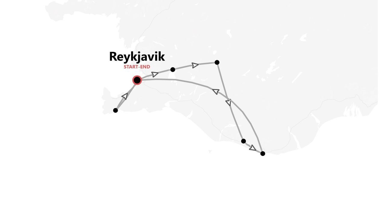 Eine stilisierte Karte, die eine Reiseroute in Island darstellt, mit Start und Ziel in Reykjavik.
