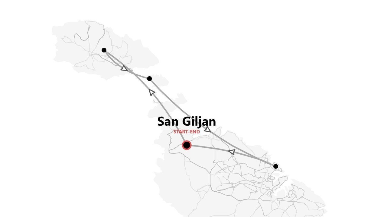 Une carte montrant un itinéraire de voyage qui commence et se termine à San Giljan.