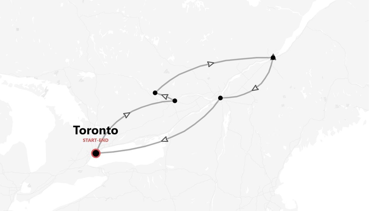 Une carte stylisée présentant un itinéraire de voyage au départ et à destination de Toronto, avec le parcours indiqué par des lignes et des flèches.
