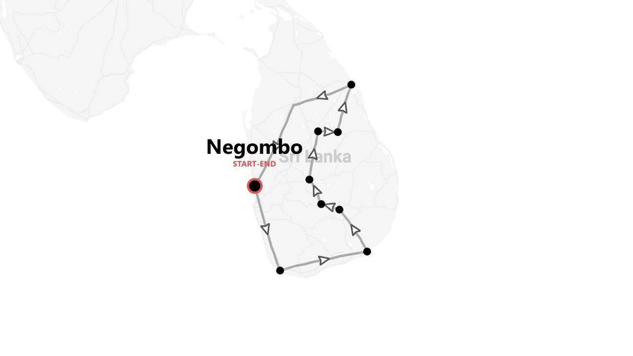 A minimalist map of Sri Lanka illustrating a tour itinerary that starts and ends in Negombo, with the route marked by lines and points.