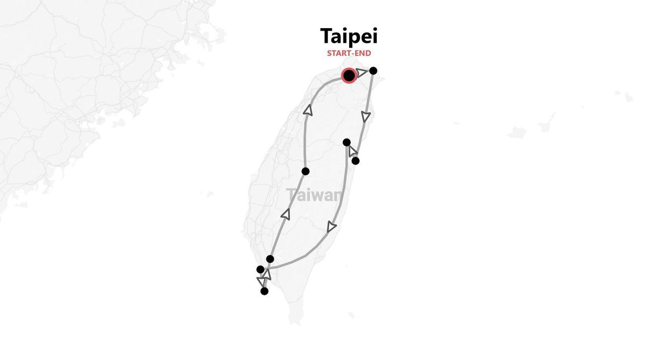 Carte d'un itinéraire de voyage autour de Taïwan, commençant et se terminant dans la ville de Taipei.