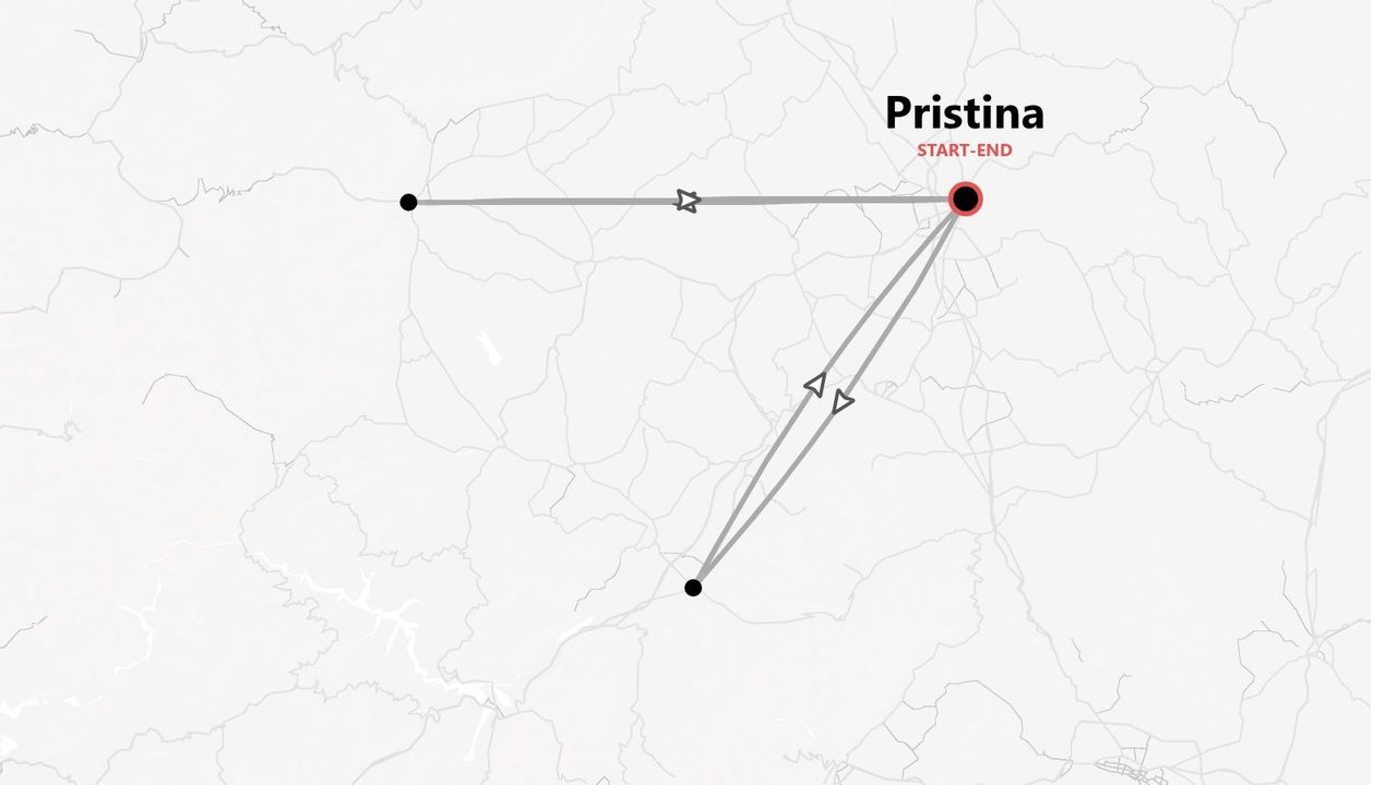 Una mappa minimalista che mostra un itinerario di viaggio triangolare con Pristina come punto di inizio e fine.