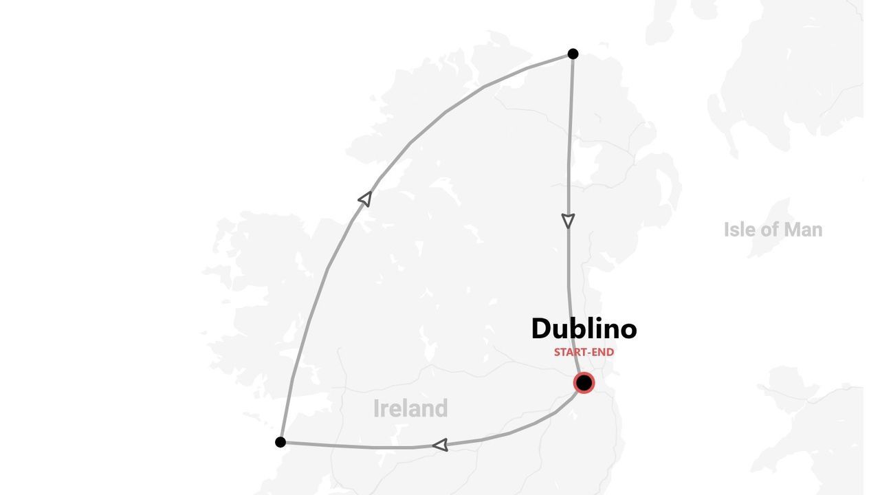 Una mappa dell'Irlanda che mostra un itinerario di viaggio circolare che inizia e finisce a Dublino.