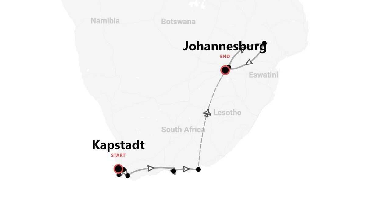 Eine Karte, die eine Reiseroute durch Südafrika zeigt, beginnend in Kapstadt und endend in Johannesburg.