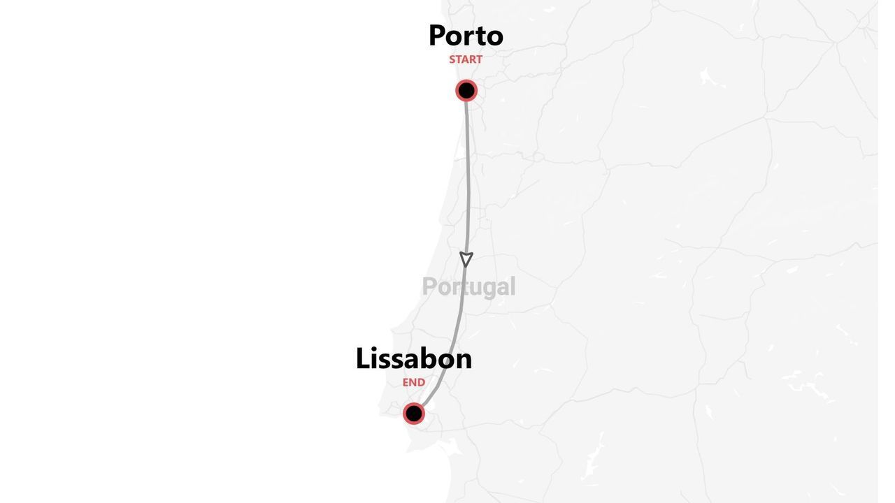 Eine Karte von Portugal mit einer Reiseroute von Porto, dem Startpunkt, nach Lissabon, dem Endpunkt.