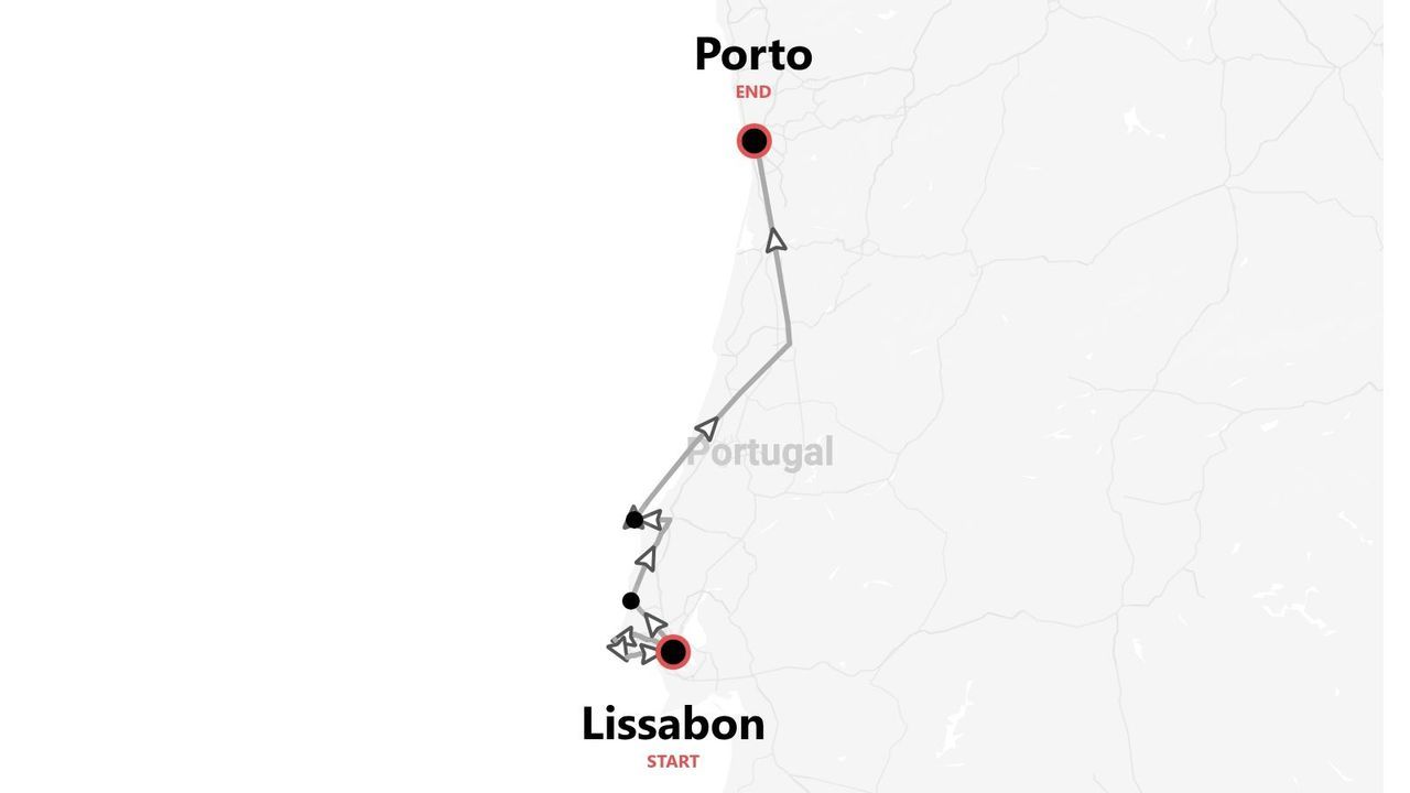 Eine Karte von Portugal, die eine Reiseroute von Lissabon nach Porto zeigt.