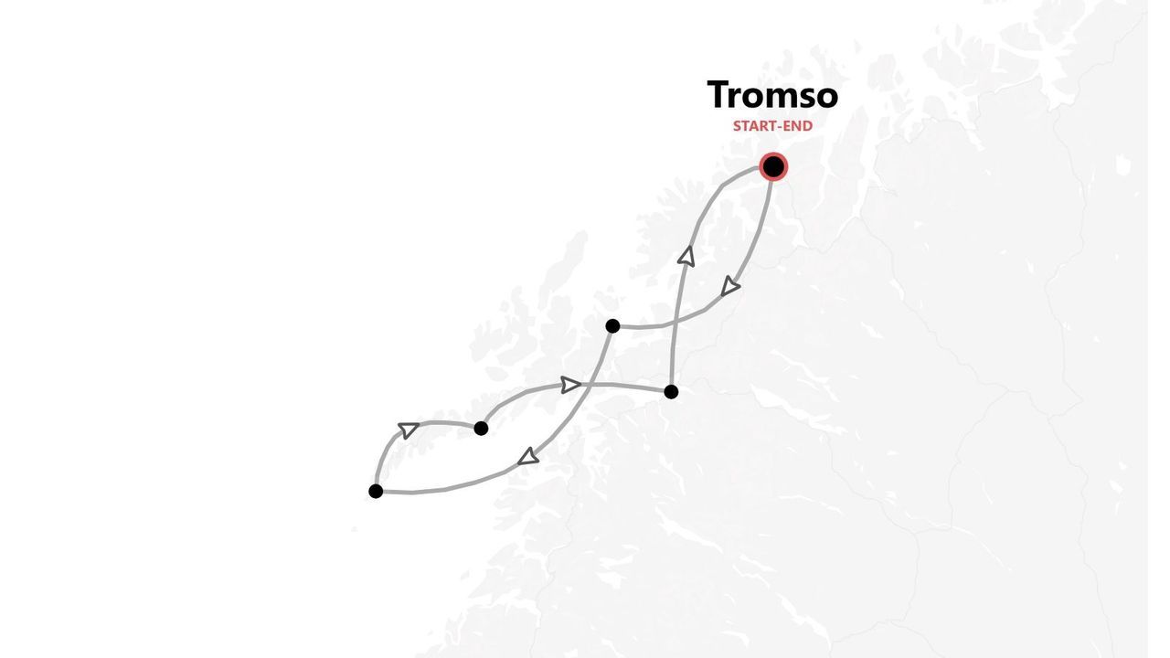 Eine Karte einer Reiseroute durch Norwegen, die in Tromsø beginnt und endet.