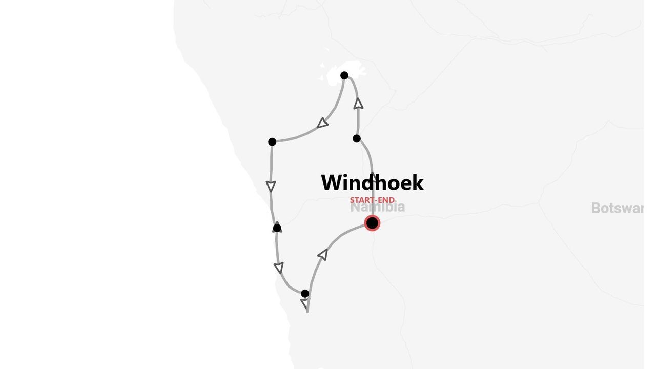 Eine Karte, die eine Reiseroute durch Namibia zeigt, beginnend und endend in der Hauptstadt Windhoek.