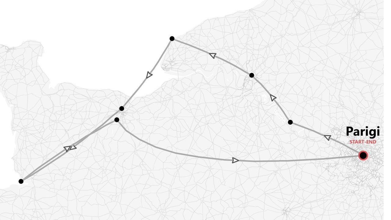 Una mappa stilizzata che mostra un percorso turistico con partenza e arrivo a Parigi, con diverse tappe segnate lungo il tragitto.