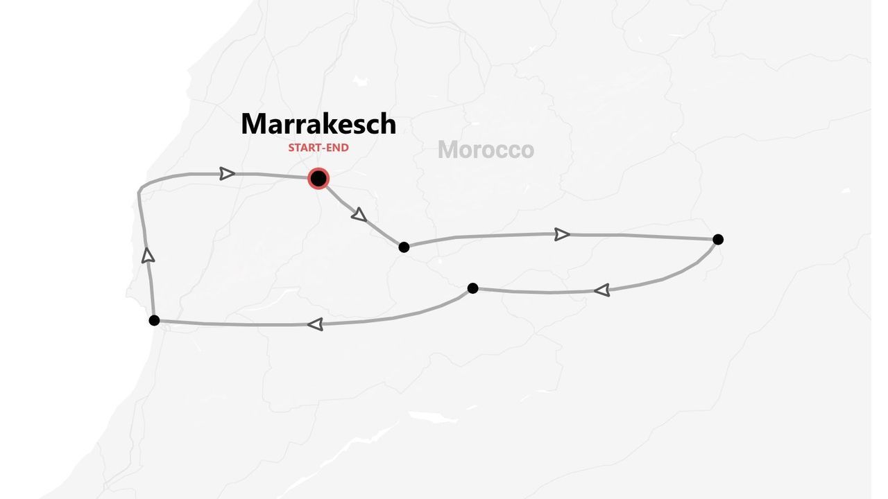 Eine Karte, die eine Reiseroute durch Marokko zeigt, beginnend und endend in Marrakesch.