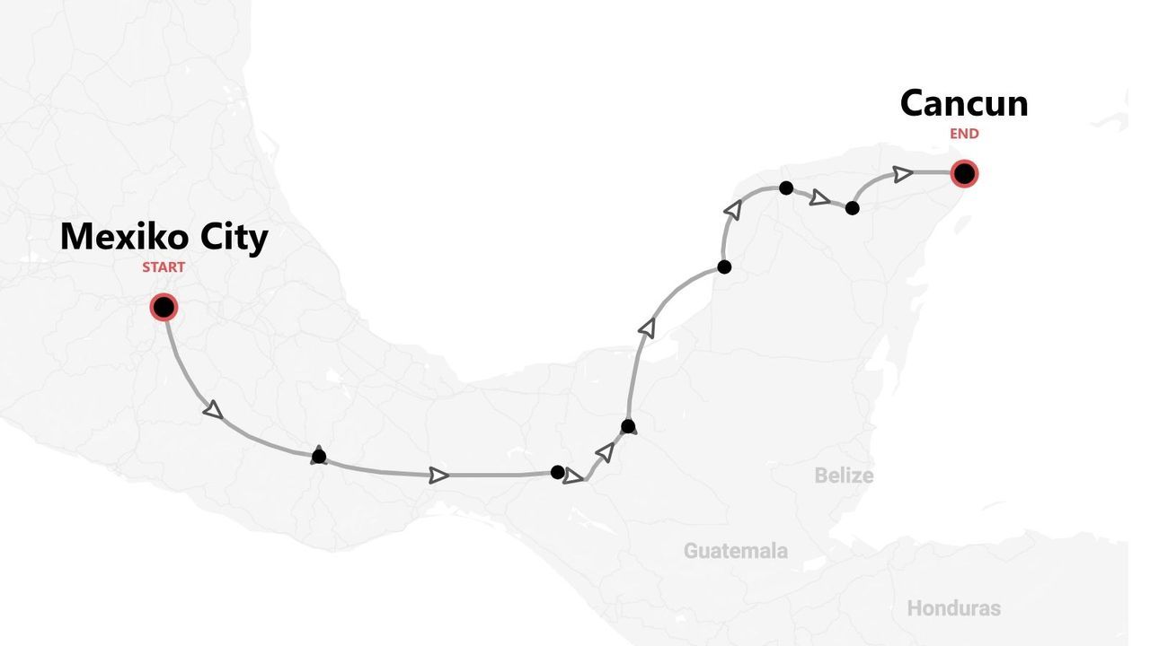 Eine Reiseroute auf einer Karte, beginnend in Mexiko-Stadt und endend in Cancún, die einen Teil Mexikos durchquert.