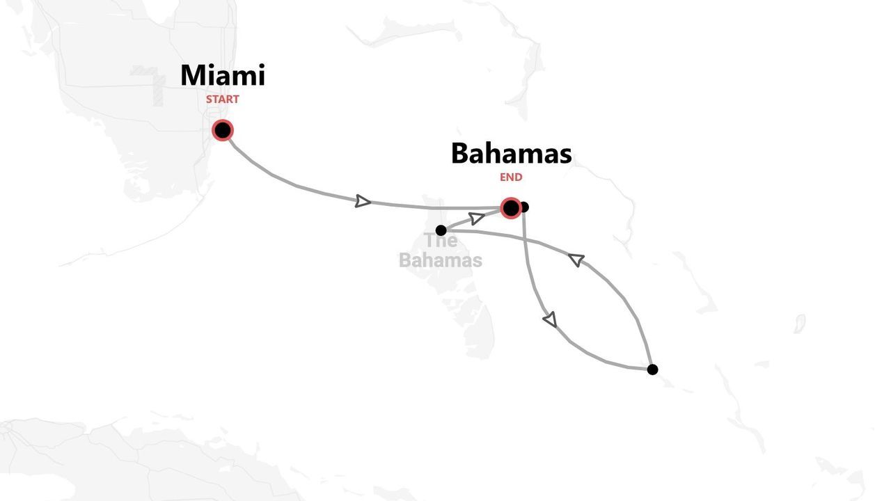 Mappa di un itinerario di viaggio da Miami alle Bahamas, con il percorso evidenziato.