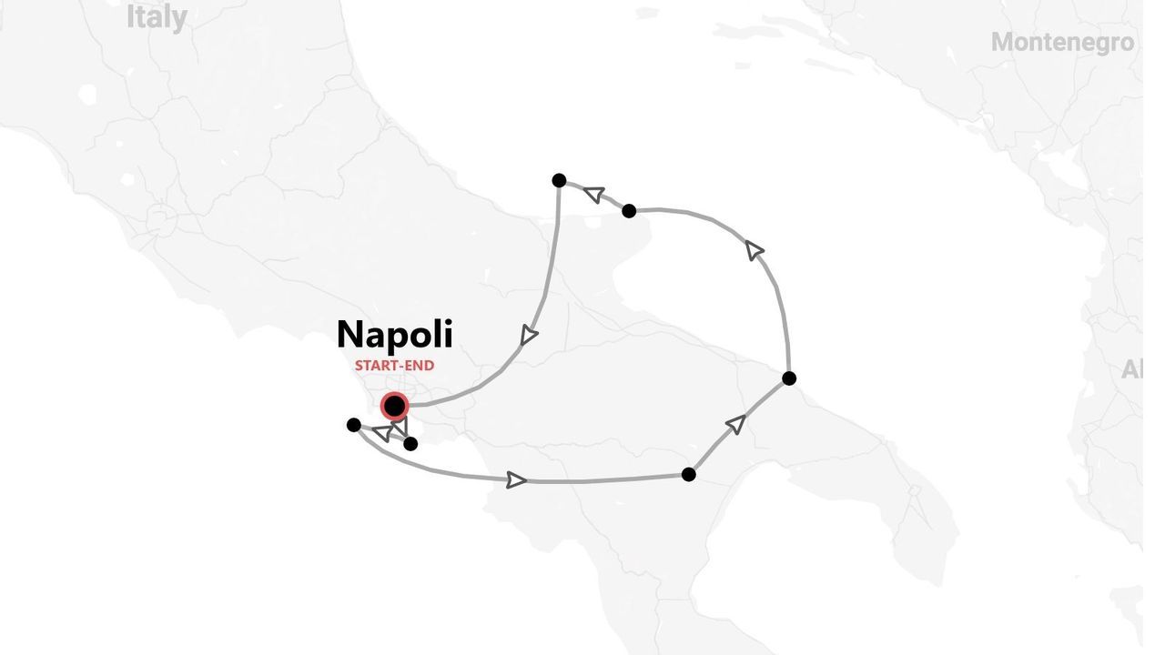 Mappa del Sud Italia con un itinerario turistico che parte e si conclude a Napoli.