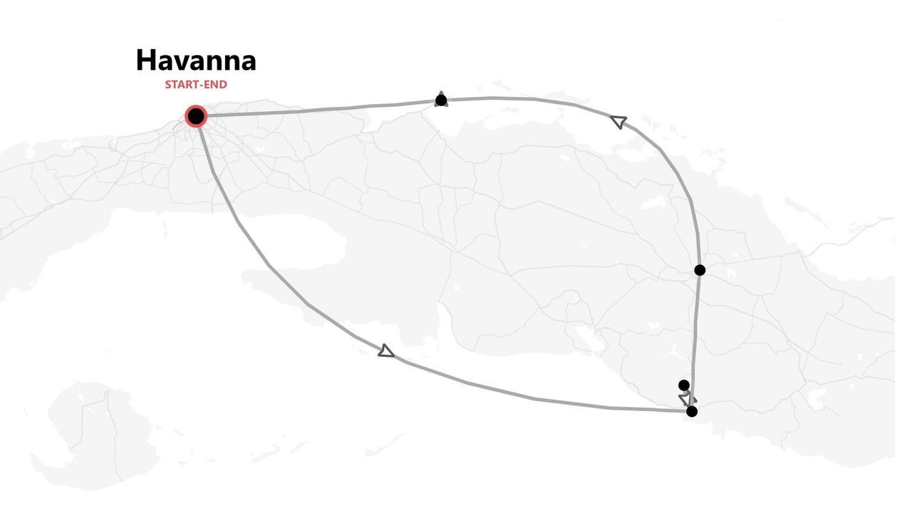 Karte einer Kuba-Reiseroute, die in Havanna beginnt und endet.