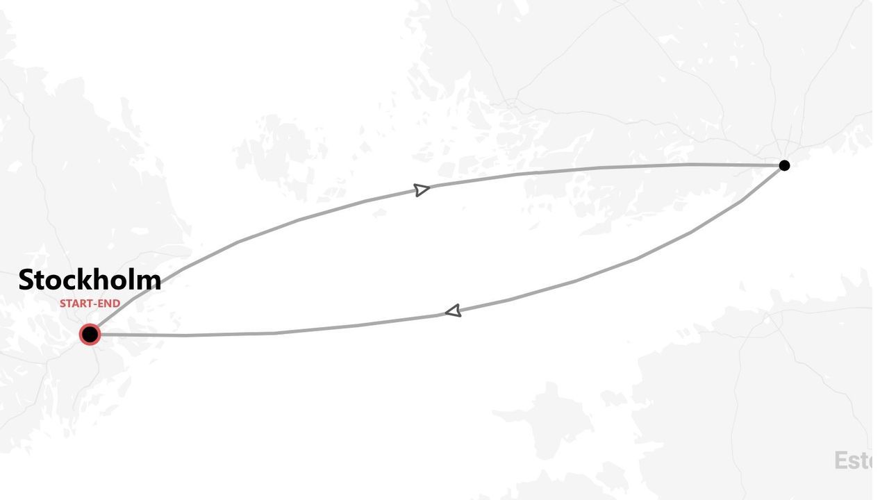 Una mappa che mostra un itinerario di viaggio di andata e ritorno che inizia e finisce a Stoccolma, con un percorso circolare che si estende verso est sul mare.