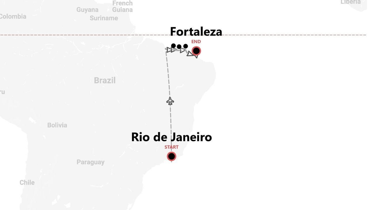 A map of Brazil showing a travel itinerary starting in Rio de Janeiro and ending in Fortaleza, with a flight in between.