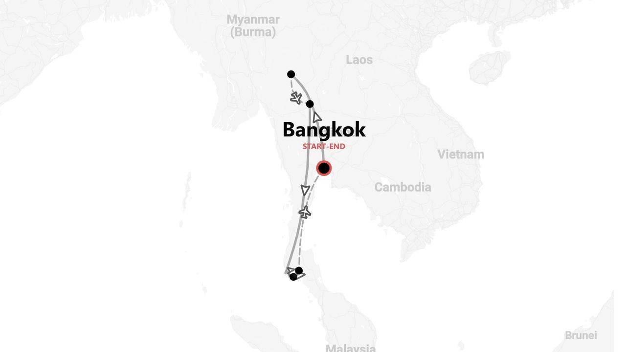 Une carte d'un itinéraire de voyage en Thaïlande, avec départ et arrivée à Bangkok, et les trajets aériens indiqués.