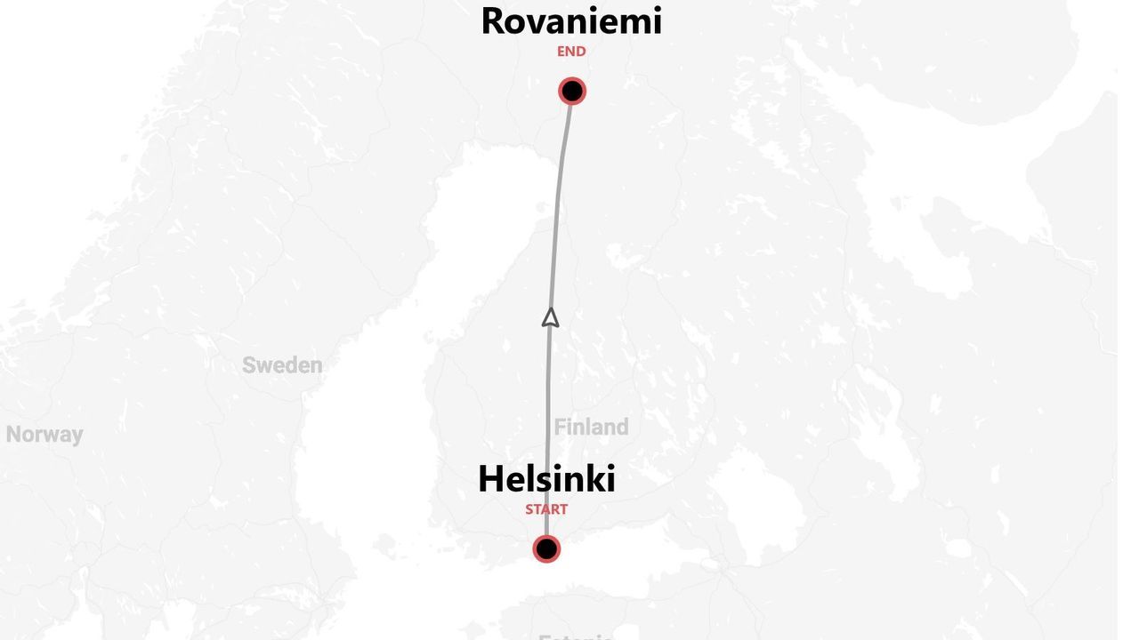A map showing a travel route through Finland, starting in Helsinki and ending in Rovaniemi.