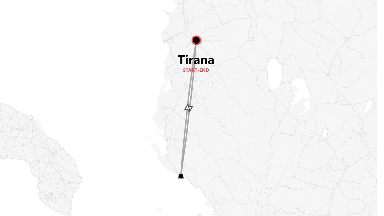 Eine Karte mit einer Reiseroute, die in Tirana beginnt und endet, markiert mit einem roten Pin.
