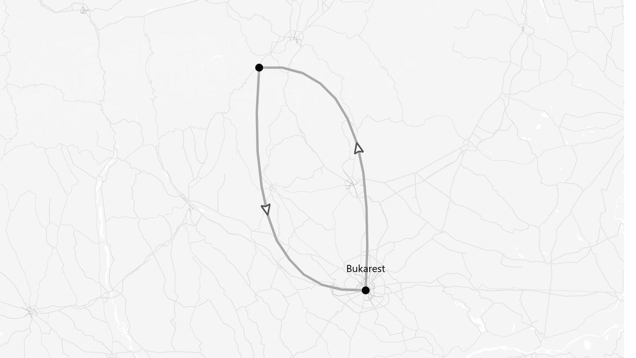 Eine Schwarz-Weiß-Karte, die eine Rundreise-Route zeigt, die in Bukarest beginnt und endet.