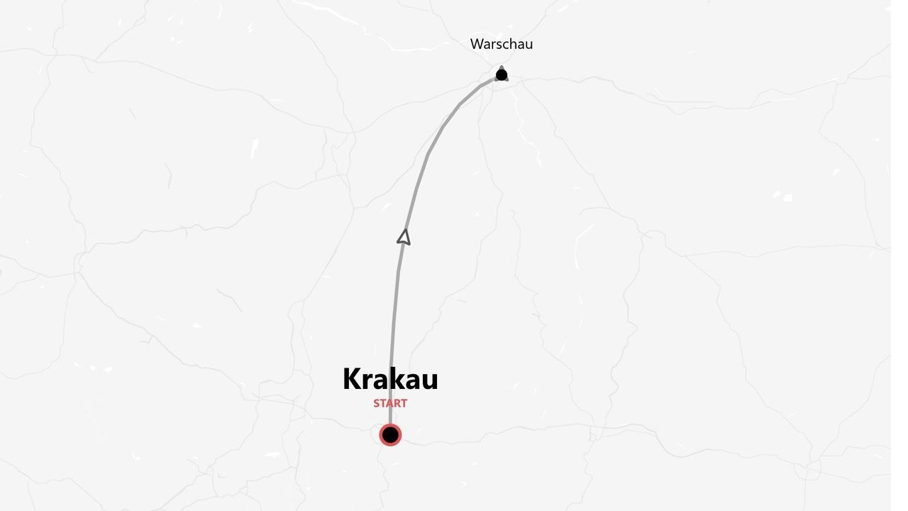 Reiseroute von Krakau nach Warschau auf einer Karte.