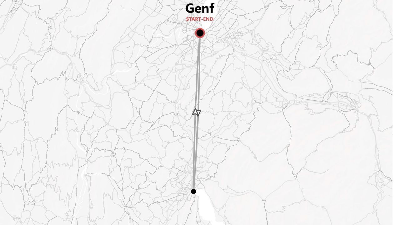 Eine stilisierte Karte, die eine Reiseroute mit Start- und Endpunkt zeigt, markiert durch einen roten Pin in der Stadt Genf.