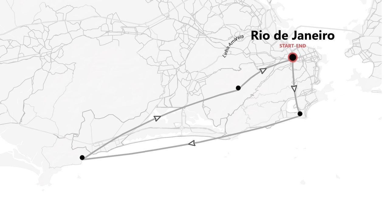 Un mapa esquemático de un itinerario turístico en Río de Janeiro, con la ruta, paradas y un punto de inicio-fin combinado indicado.