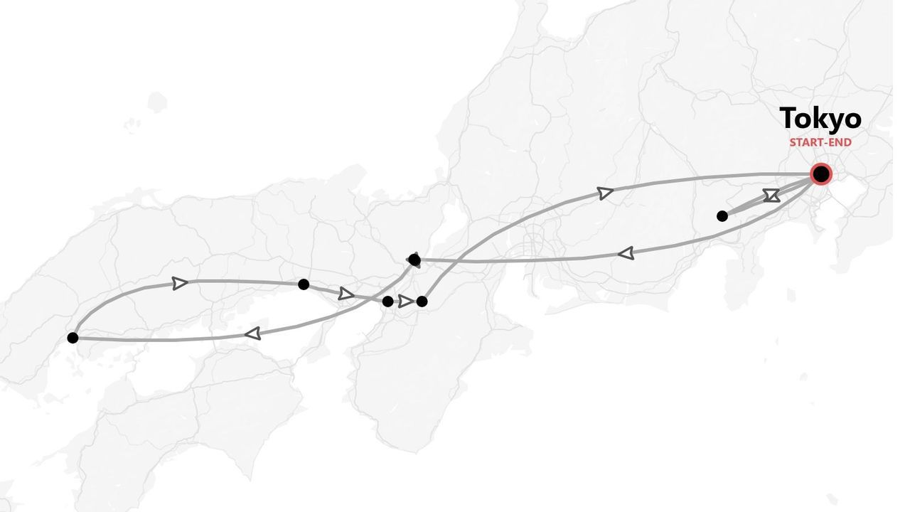 A map showing a travel itinerary across Japan, with the route starting and ending in Tokyo and featuring several stops.