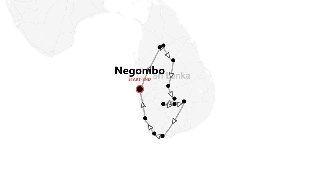 A map of Sri Lanka showing a circular tour itinerary that starts and ends in the city of Negombo.