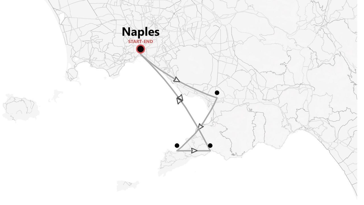A stylized map showing a travel itinerary route that starts and ends in Naples, with several stops along the way.