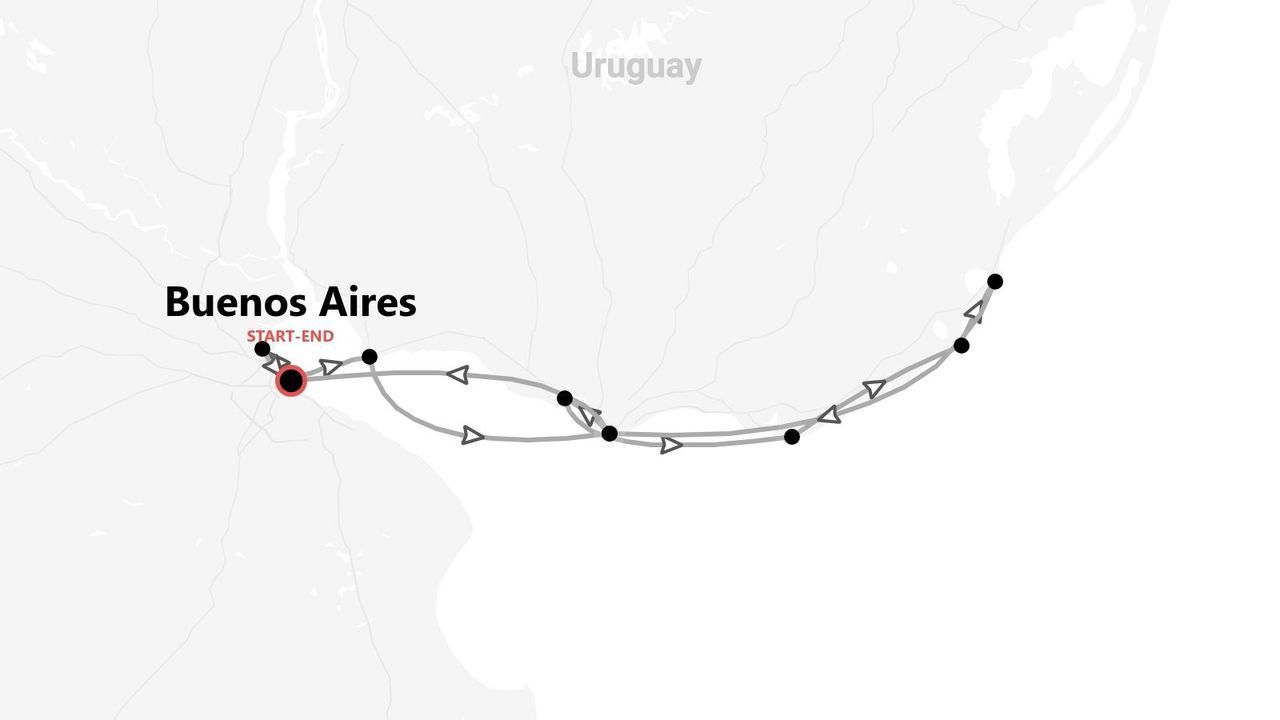 Una mappa in scala di grigi che illustra un itinerario di viaggio che inizia e finisce a Buenos Aires e si snoda attraverso l'Uruguay.
