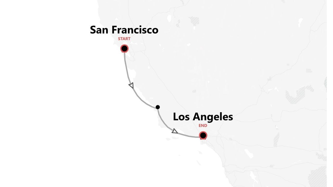 A map showing the travel route from the start point, San Francisco, to the end point, Los Angeles.