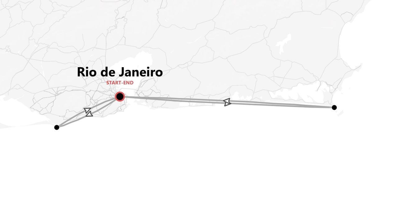 Une carte en niveaux de gris montrant un itinéraire de voyage avec des points de passage, commençant et se terminant à Rio de Janeiro.