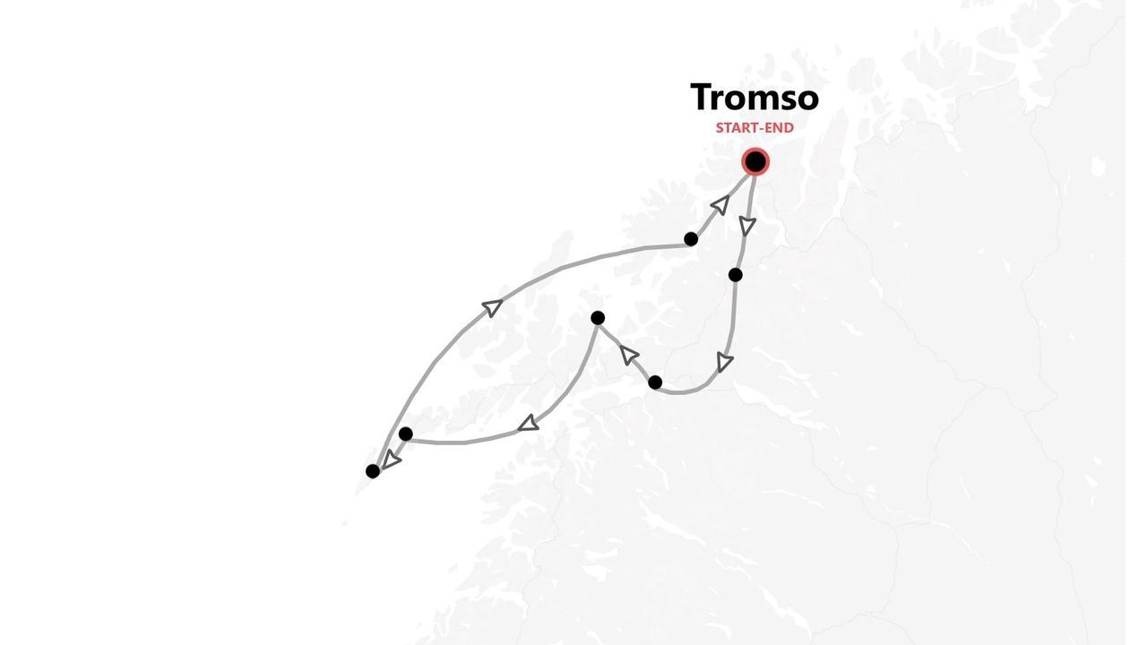 Une carte d'itinéraire montrant un circuit qui commence et se termine à Tromso.