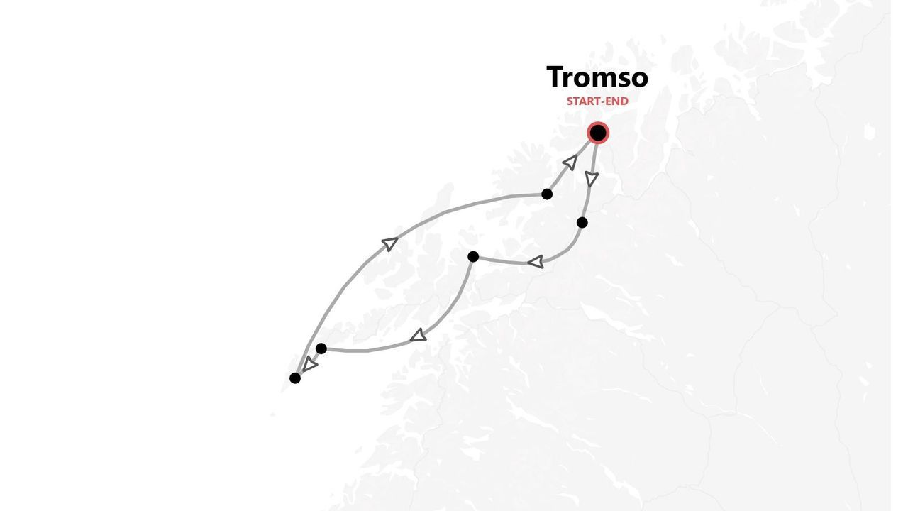 A map showing a travel itinerary that starts and ends in Tromso, indicated by a looped route with several waypoints.