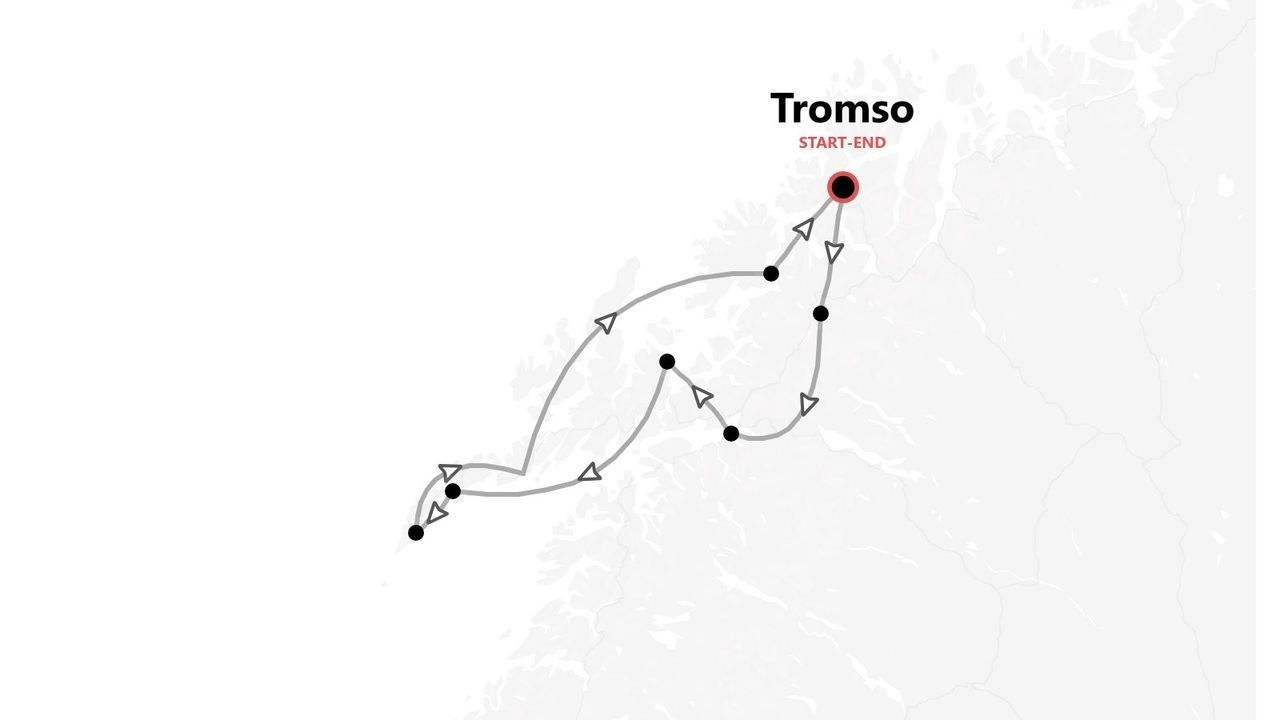 Una mappa che mostra un itinerario di viaggio che inizia e finisce a Tromso, illustrato con una linea ad anello e punti di interesse.
