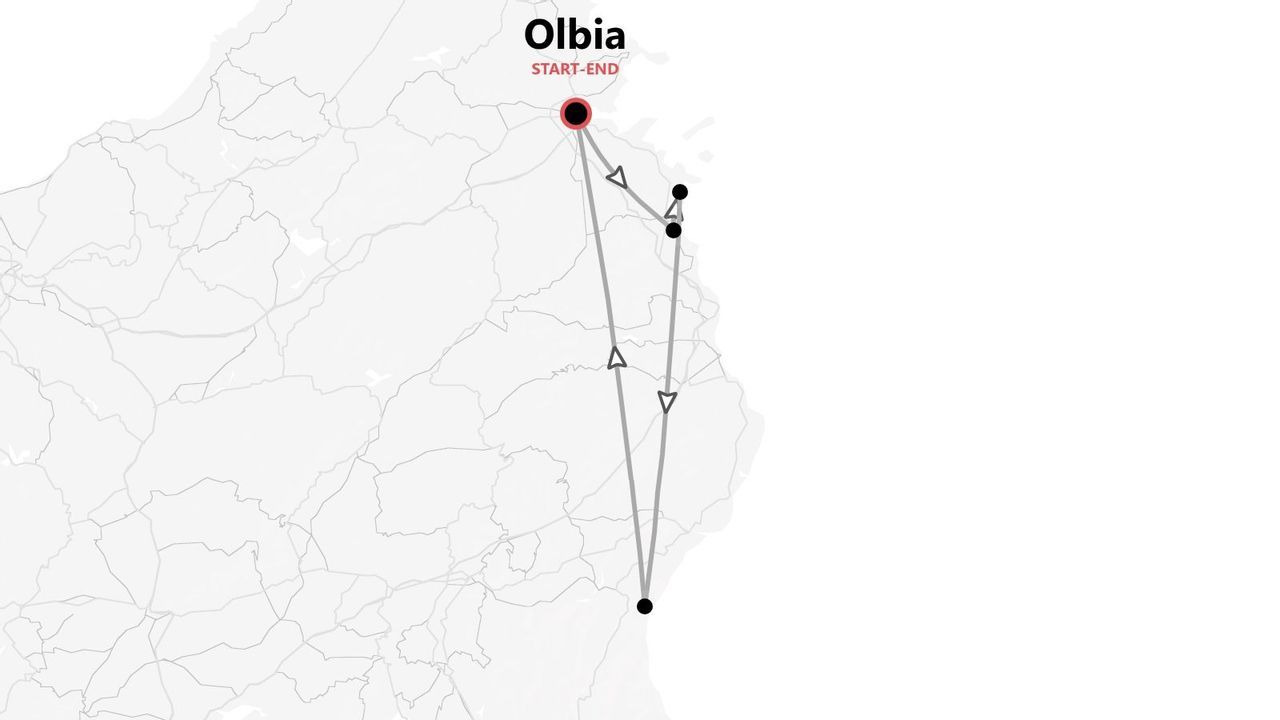 Mappa di un itinerario turistico con partenza e arrivo a Olbia.
